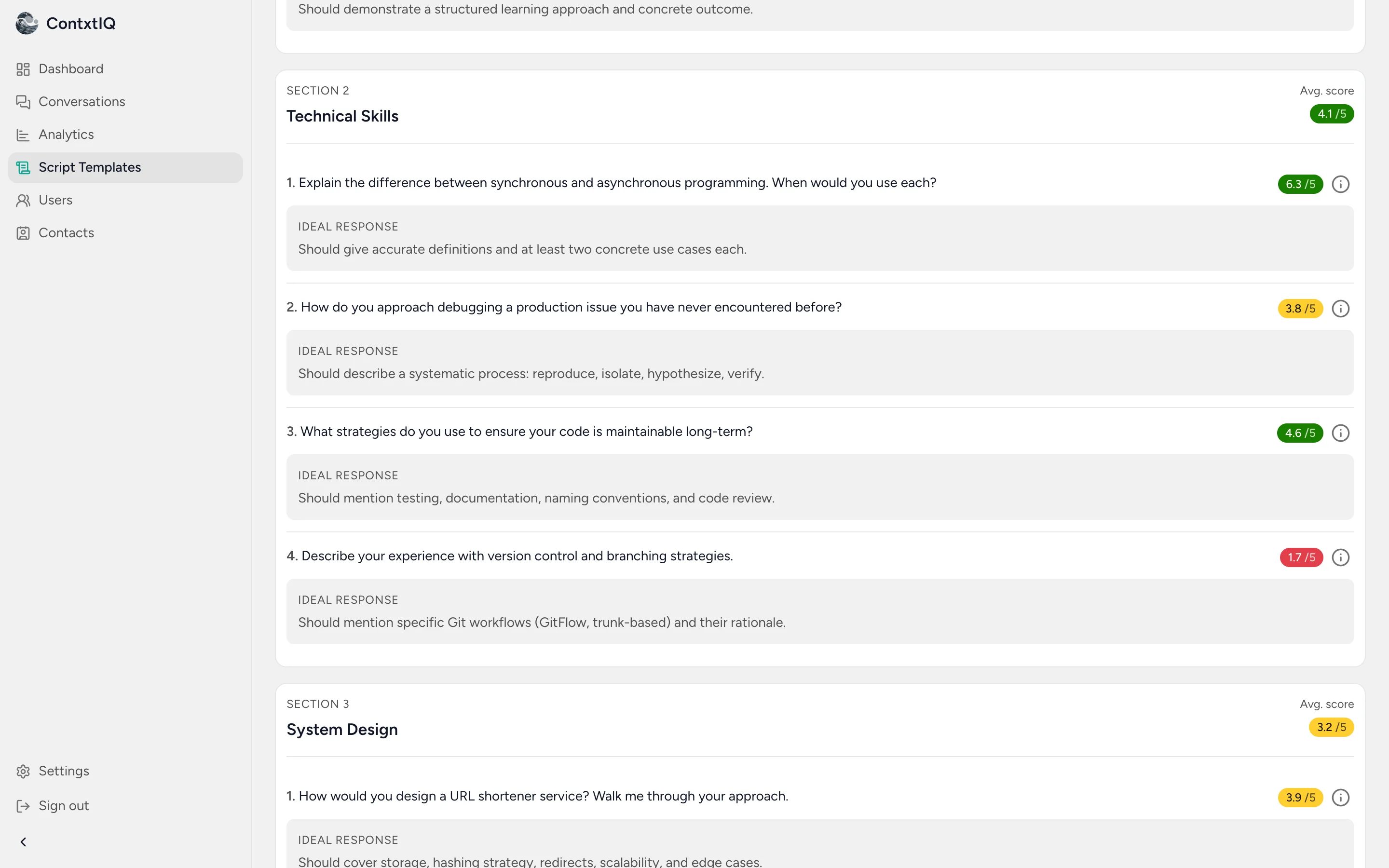 Aggregate scores per section and per question across every session run on a script template