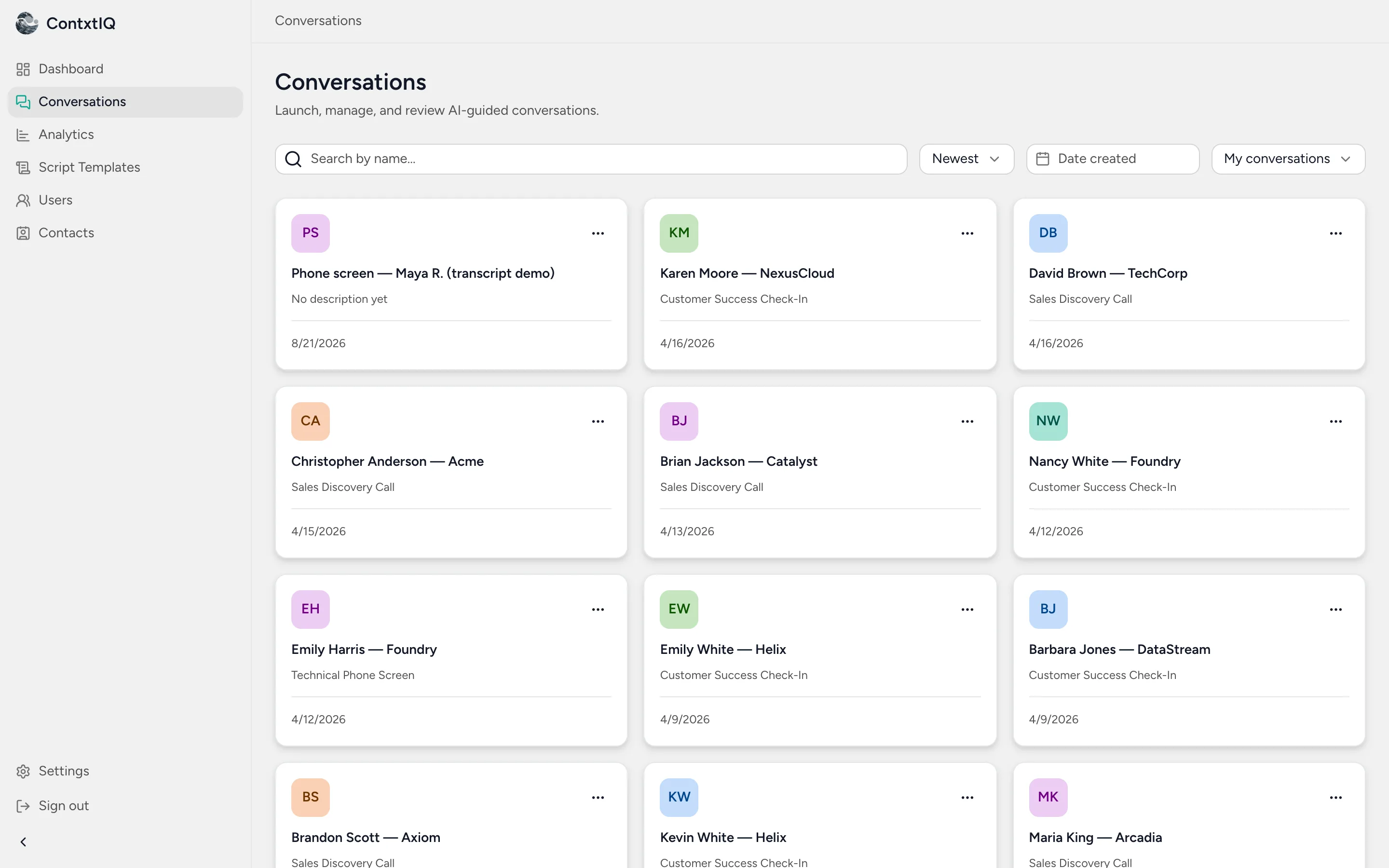 The conversations list showing every screened candidate and the script each was interviewed against