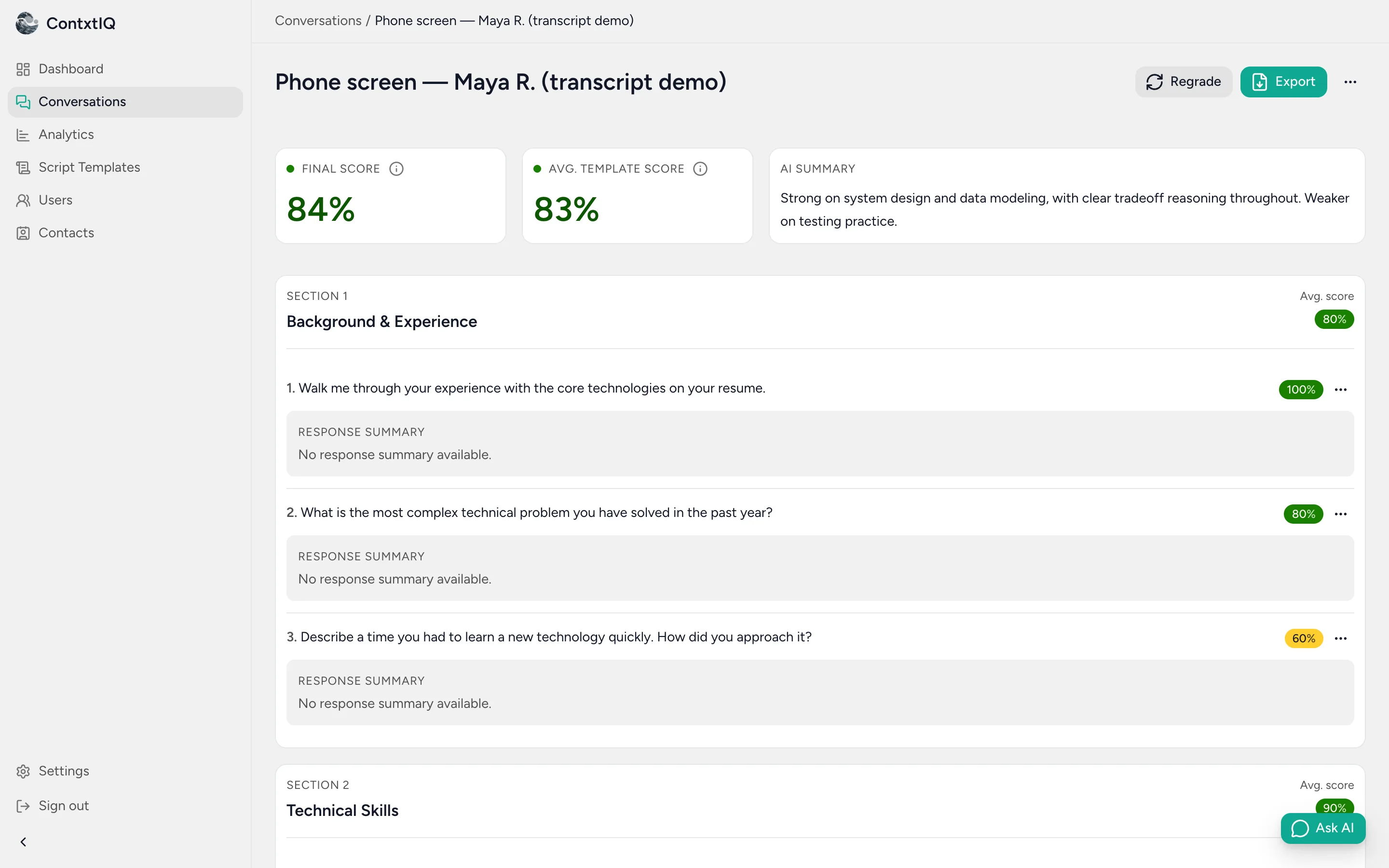 A technical phone screen scored question by question inside ContxtIQ